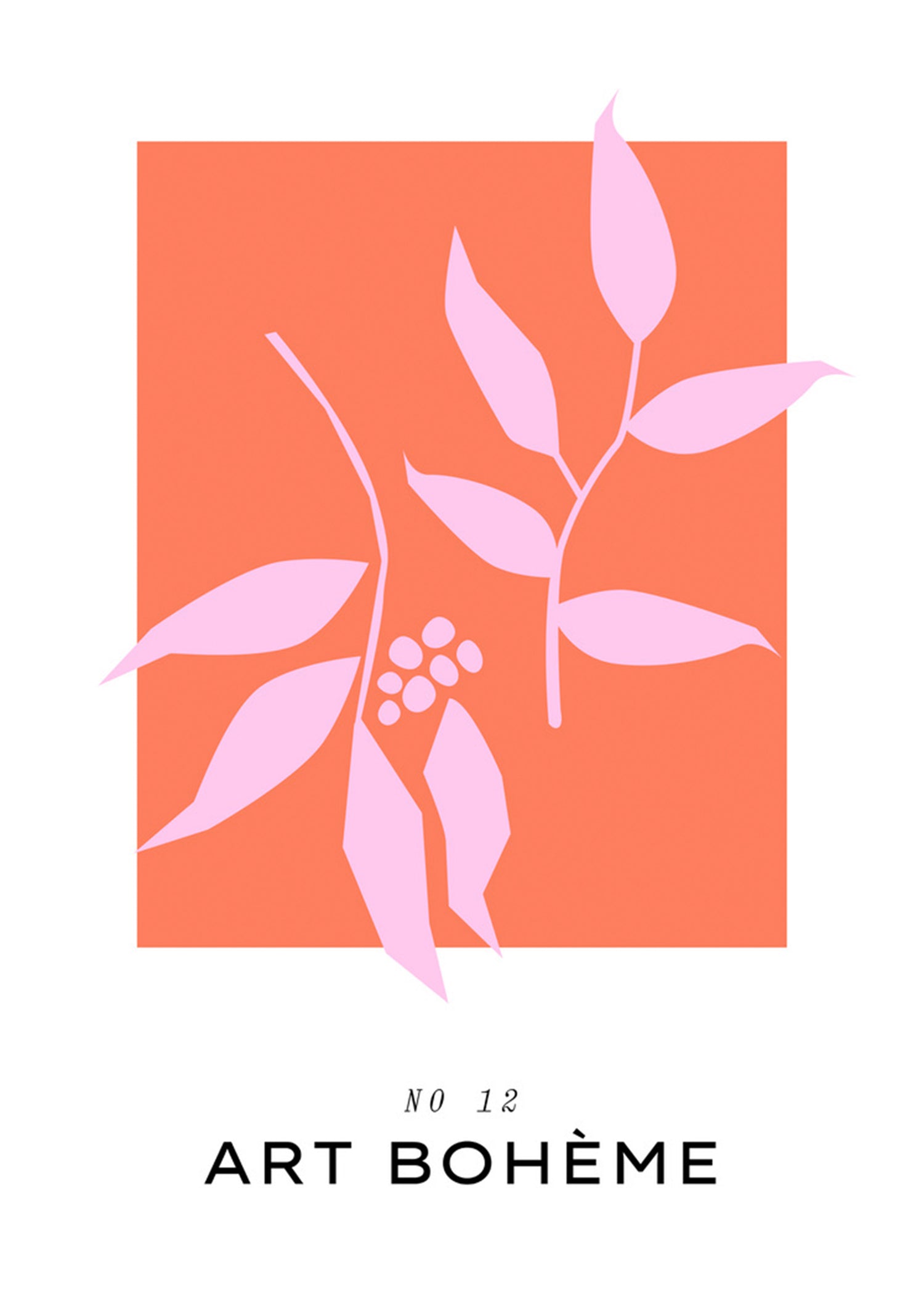 Een kleurrijke poster met een illustratie van roze blader takjes tegen een oranje achtergrond. - Abstract Art Bohemian Blad No12 Poster